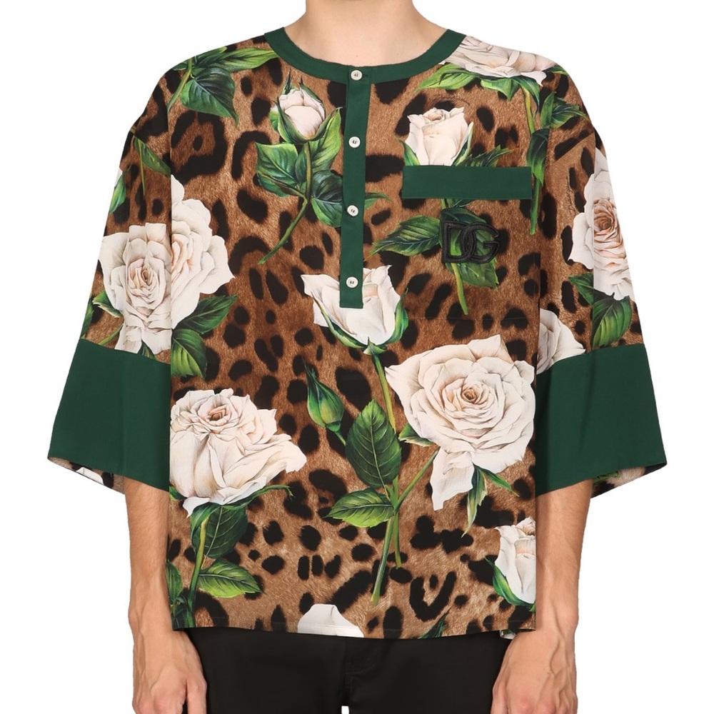 DOLCE & GABBANA SILK SHIRT WITH FLOWER PRINT AND DG PATCH